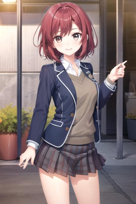 ((masterpiece)),(best quality),official art,extremely detailed CG,unity 8k wallpaper,ultra detailed,beautiful detailed eyes,extremely detailed face,1girl,solo,cowboy shot,looking at viewer,facing viewer,standing,smile,Amahoshi Yuina(skrk),medium hair,red hair,messy hair,side swept bangs,brown eyes,school uniform,blazer,blue jacket,open jacket,wing collar,long sleeves,grey sweater,medium breasts,collared shirt,white shirt,grey skirt,miniskirt,pleated skirt,plaid skirt,white socks,loafers,<lora:Amahoshi Yuina(skrk):0.6>,