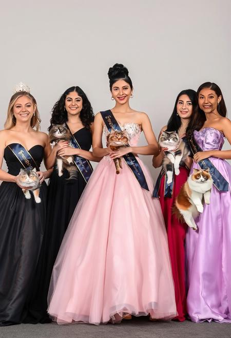 Ms World ballgown competition, five adult beautiful women of various nationalities lined up in a diagonal  row, diagonal view, dynamic angle, different breed of show cat held by each woman,, focus on cats and faces