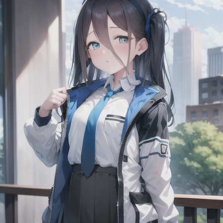 masterpiece, best quality, highres, 1girl, arisu, jacket, white shirt, hairband, necktie, collared shirt, black skirt, halo, blue necktie, hair between eyes, <lora:blue_archive_arisu-v1:0.7>