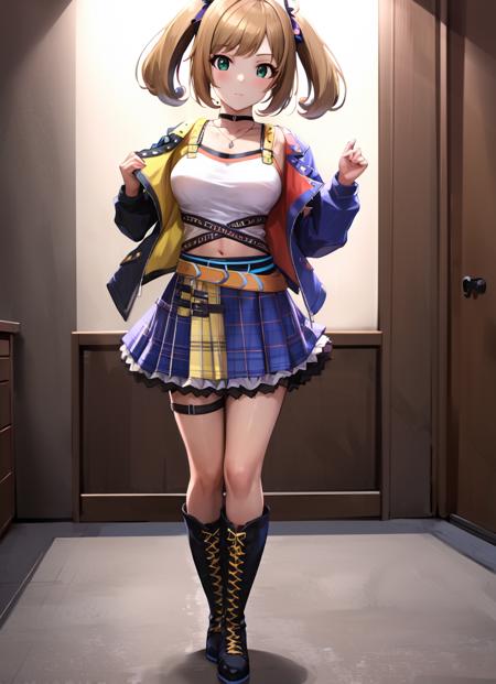 masterpiece, best quality, ultra-detailed, illustration, 1girl, solo, looking at viewer,  <lora:funkydancing-outfit-v12h:1>, funkydancing outfit, black choker, cropped jacket, open jacket, long sleeves, crop top, midriff, collarbone, necklace, miniskirt, frilled skirt, plaid, belt, thigh strap, knee boots, full body, standing,  <lora:sato_shin-v13:0.6> , sato shin, blonde hair, ahoge, green eyes, large breasts, short twintails