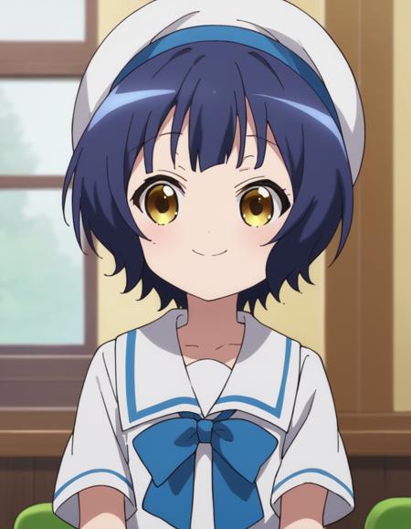 maya jouga,blue hair,short hair,yellow eyes, rabbit house uniform,light blue vest,black skirt, school uniform, white dress,beret,white beret,