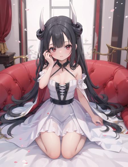 <lora:hatsuzuki_V2_lbw:1> 
1girl, full body, 
hatsuzuki, horns, black hair,
wedding dress, masterpiece, best quality,