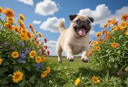 Highly detailed photograph of a pug puppy leaping through the air above a field of colorful flowers. Side view. Floppy ears, floppy tongue, big eyes, very cute, very happy, joyful. Blue sky with fluffy clouds. Bright sun, (god rays).