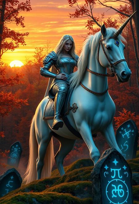 Regal blonde woman with large breasts under ornate silver armor astride majestic white unicorn. The unicorn has only one head, crowned with a single pearlescent horn. Golden bridle and saddle adorned with sapphires. Forest ablaze with autumn hues - crimson maples, golden oaks, amber beeches. Crisp air carries scent of fallen leaves and distant woodsmoke.
Breathtaking sunset paints sky in vivid oranges, pinks, and purples. Last rays filter through trees, casting long shadows and bathing scene in warm, golden light. Unicorn's horn and woman's hair shimmer in fading daylight.
Woman's determined gaze fixed on horizon. Right hand on unicorn's neck, left on jeweled sword hilt.
Misty tendrils rise from moss-covered forest floor, adding to mystical atmosphere. Ancient standing stones peek through autumn foliage, their surfaces glowing from within from ancient runes that pulse with ethereal blue haze.The luminous symbols hint at forgotten magic, enhancing the scene's mystical quality. Image captures pivotal moment - a legendary hero embarking on epic quest as day gives way to twilight.