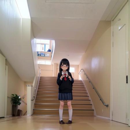 best quality, ultra-detailed, illustration,
kaidan, stairs, hallway, indoors, ceiling light, door, light, light rays, sunlight, window, 
1girl, glasses, black hair, long hair, black eyes, school uniform, blush, looking at viewer, standing,
 <lora:Kaidan_school_SD15_V4:1>