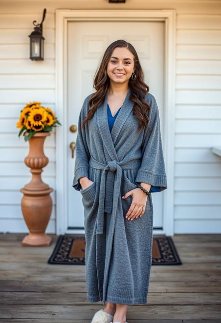 masterpiece portrait of {{Young woman}}::1.4, {{Candid Photography}} style::1.2, {{Contemporary Photojournalism}} art::1.1, (physical description: youthful, average build, long wavy dark brown hair, fair complexion, standing full body)::1.1, (facial features, expression: round face, gentle dark eyes, soft inviting smile, direct gaze)::1.0, (clothing details: comfy long grey heathered knit wrap robe/dress, blue undershirt visible at V-neck, tied waist)::1.0, (accessories: cozy grey and white faux-fur lined house slippers, subtle dark beaded bracelet on right wrist, small stud earrings)::0.9, (background setting: quaint home porch, white horizontal siding, white front door with autumnal wreath, rustic terracotta urns with yellow sunflowers on either side, dark welcome mat, weathered wooden floor)::0.9, (lighting style: soft, natural daylight, even illumination)::0.8, (composition and camera framing: centered full-body shot, eye-level perspective)::1.0, (emotional tone or theme: relaxed, comfortable, welcoming, everyday simplicity)::0.9, (technical execution: sharp focus, high-resolution, naturalistic colors, authentic details)::0.8