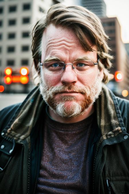 a man <lora:philipSeymourHoffman:1> homeless downtown, upper body, highly detailed face, glasses, RAW, 8K, UHD, candid, amateur, cinematic lighting, [smiling:0.5]