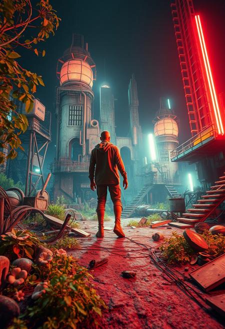 A surreal 3D art piece depicting a long exposure photograph of a human figure in a dystopian landscape.  Vibrant colors, overgrown vegetation, retro-futuristic ruins, and decayed objects are prominent.  The image features intense dramatic lighting, high contrast, and detailed textures, creating tension and capturing motion or light trails.