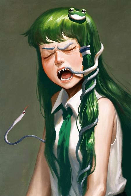 amb, 1girl, biting, closed eyes, faux traditional media, fine art parody, frog hair ornament, frown, green hair, hair ornament, hair tubes, long hair, parody, shirt, sleeveless, snake, snake hair ornament, solo, texture, white shirt, kochiya sanae <lora:amibazh_v4-000012:1>