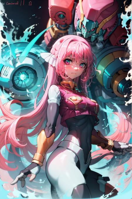 1girl, robot girl, looking at viewer, pink hair, light green armor, cowboy shot <lora:tanziya_(codlxcold)_style_v01:1>