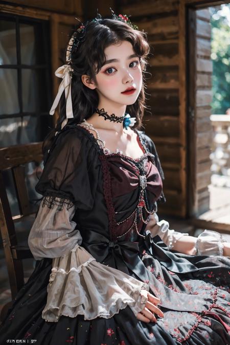 photo of a girl in lolita_dress, dutch , bright eyes, blurred background, fine details, photorealistic, relaxed atmosphere, film photography, natural blurry <lora:lolitaFashionDress_gothic_style2:0.5>