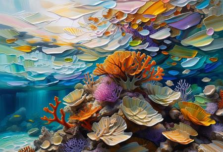 Abstract, heavily textured and layered oil painting of an underwater scene of the Great Barrier Reef. A colorful coral reef bursting with intricate shapes and textures — bright branching corals, and soft anemones in shades of pink, purple, orange, and blue. A green sea turtle, Small, shimmering fish dart between the coral, and shafts of sunlight filter through crystal-clear water, casting dappled light on the reef. The style is artistic and abstract, emphasizing color, movement, and surreal beauty, masterpiece, detailed, 4k