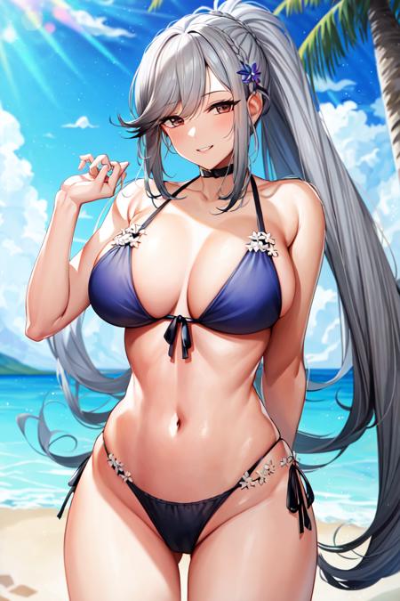 masterpiece, best quality, absurdres, perfect antomy, standing, cowboy shot, indoors, DunkerqueAL, DunkerqueBikini, beach, palm trees, smile, grey hair, ponytail