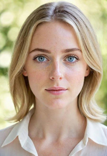 portrait of a s0phia_n0texist with fair complexion and straight, shoulder-length blonde hair, lighting is soft and natural, gentle glow on her face, subtle bokeh effect in the background, pale pink skin tone with freackles, pale blue eyes, looking the camera with neutral expression. Wears a semi-transparent white blouse, light airy feel. Natural outdoor background, muted colors, warm tones palette of her skin and the soft whites of her blouse, juxtaposed against the cooler greens and natural browns of the background. gentle and organic, with the soft roundness of her face, the straight lines of her hair, blurred background, contemplative. Her eyes are of a light hue, possibly blue or light gray, characterized by a soft, introspective gaze. They are framed by light eyelashes that appear natural and understated. There's a clarity to her eyes that stands out against her fair skin, which shows a natural complexion with subtle variations in tone. Her skin exhibits a smooth texture with a porcelain quality, almost translucent under the soft light, which accentuates her delicate features. The sunlight seems to enhance the faintest freckles across the bridge of her nose, adding character to her visage. The lighting gives her skin a luminous quality, with a gentle interplay of light and shadow that outlines her facial structure without harsh contrasts.