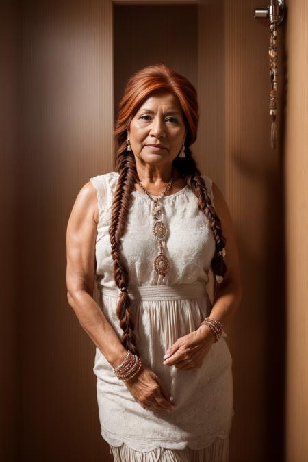 portrait photo of a beautiful 55 years old Native american woman Auburn hair Apple-shaped body  Fishtail braid  in a bathroom, Standing tall pose, masterpiece high resolution, best uqality, high quality, 8k, very detailed, extremely detailed, professional light, cinematic