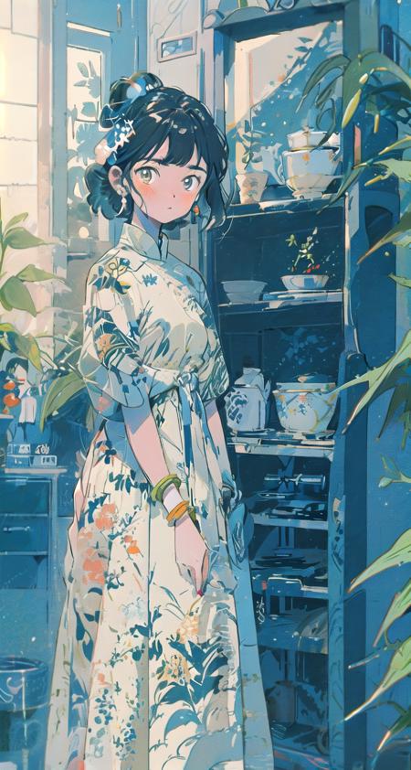 1girl, plant, solo, jewelry, earrings, potted plant, black hair, dress, looking at viewer, short sleeves, bangs, blush, brown eyes, floral print, indoors, bracelet, standing, shelf, short hair, hair ornament, print dress, nail polish, blue dress, medium hair, braid, chinese clothes, closed mouth <lora:oldtime:1>