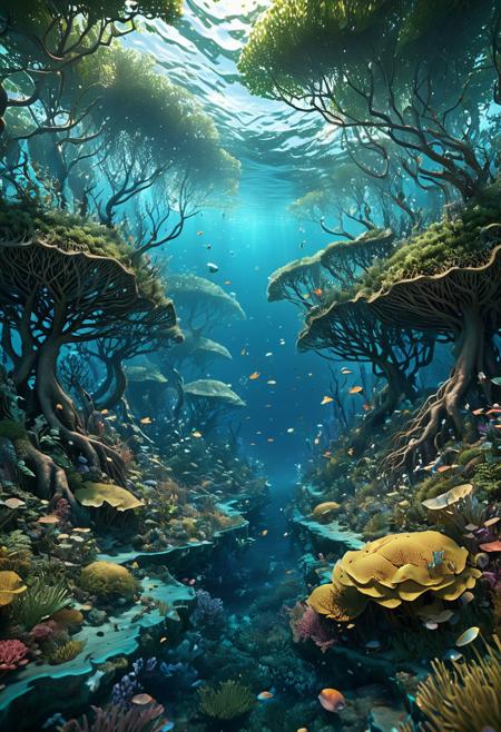 8K Ultra HD, highly detailed, super realistic, Underwater Forest, a detailed illustration depicting a mysterious forest that spreads on the seabed, a fantastic sight of trees standing in the sea and glittering creatures, Adobe Illustrator, pixiv, luminism, 3d render, octane render, Isometric, by yukisakura, awesome full color