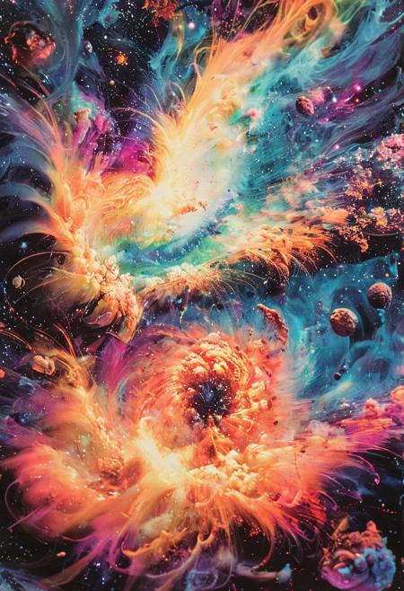 Product photograph, the 1980s, PsychadelicChaos, the universe, chaos, insane colors, the universe blowing up, insane colors, beautiful, epic, analog film grain, polaroid photography, DSLR
