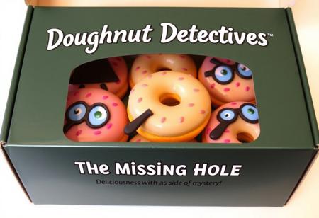 "Doughnut Detectives: A box of doughnuts featuring a group of detective doughnuts with magnifying glasses, searching for "The Missing Hole." The tagline: "Deliciousness with a side of mystery.""