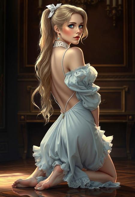 A digital illustration shoot from a profile camera angle about a sensual portrait of a woman with long, wavy blonde hair and blue eyes, dressed in a revealing, light-colored dress with puffy sleeves and a white choker, showcasing her back and lower body. the image also shows a soft, warm lighting that highlights her curves and the intricate details of her outfit. on the middle of the image, a 20 years old woman, who appears to be in her early twenties, with light skin, is kneeling on the floor with her back to the viewer, looking over her shoulder with a seductive expression. she has a slender physique and is wearing a light blue and white dress with frilly details, including a white ribbon in her hair and a pair of earrings. her hair is styled in a long, flowing ponytail, and she has blue eyes that are looking to the side. the background is a dark, ornate room with a dark brown wall and gold accents, creating a luxurious and elegant atmosphere. the overall style is realistic with a touch of fantasy, and the lighting is soft and warm, casting gentle shadows that accentuate her curves.