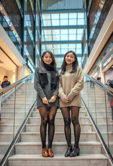 two happy, super beautiful 20 years old Chinese girls standing on the stairs of a shopping mall, wearing pantyhose, full people portrait, ultra quality, hires, photorealistic, outdoor background,