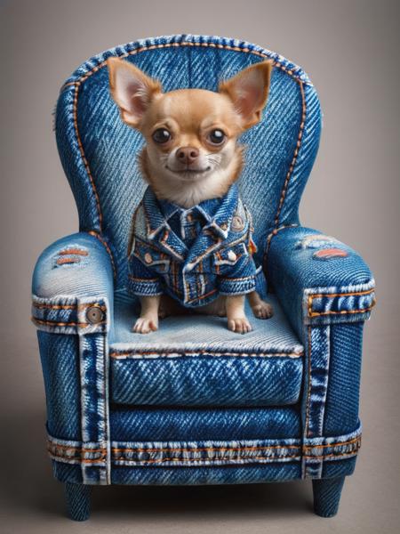 a LED chihuahua with a coat made out of ral-jeans <lora:ral-jeans-sdxl:1> sitting on a ral-jeans throne