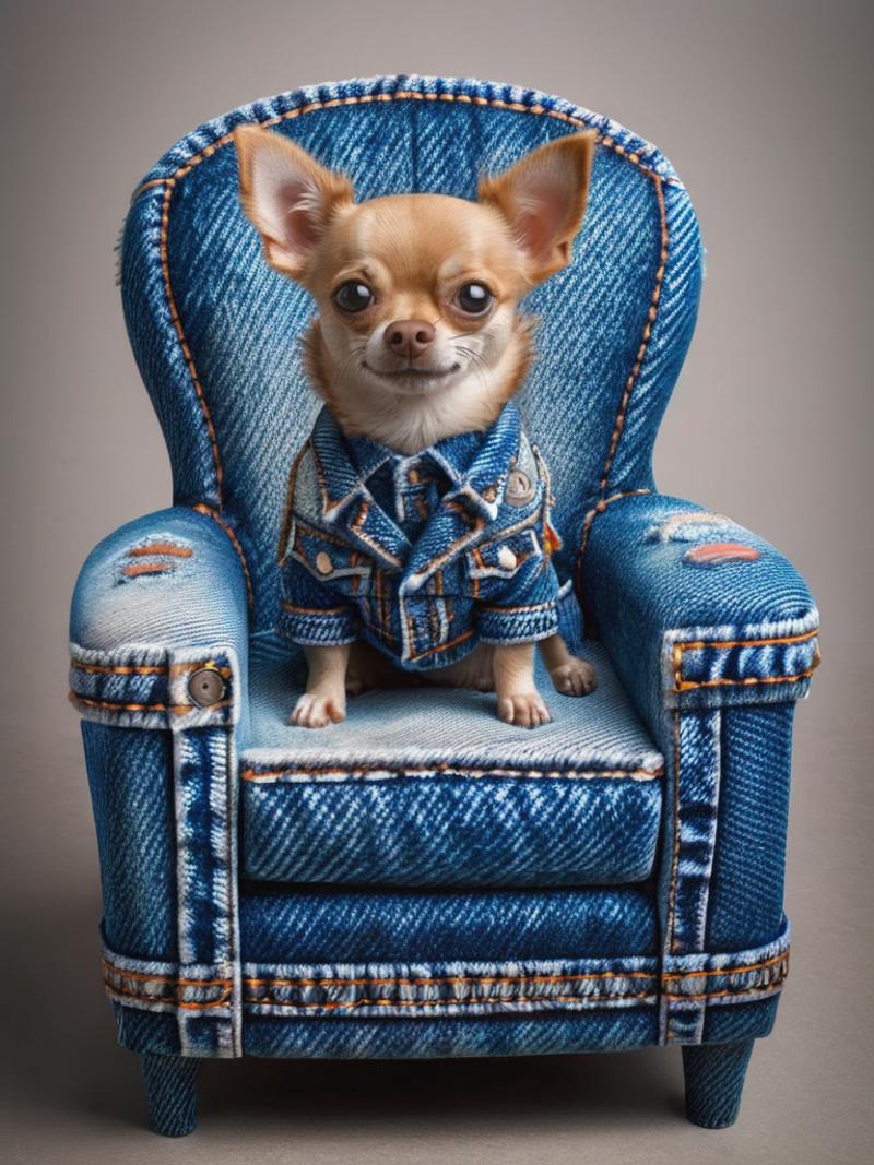 A small dog sitting on a chair, wearing a denim jacket.