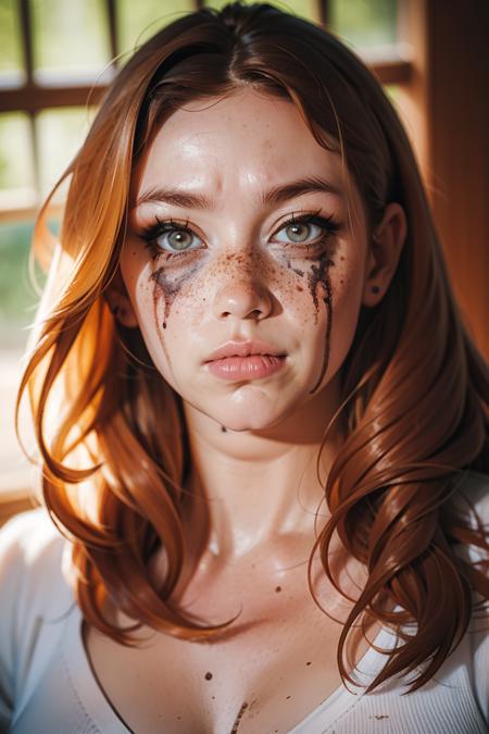 ru1n3dm4k3up, ruined makeup, mascara tears,<lora:ru1n3dm4k3up:0.7>  <lora:detail_slider_v4:1> <lora:Fr3ckles:0.7> Fr3ckles, freckles, ginger hair, medium breasts, long hair,  grey eyes, <lora:weight_slider_v2:0.8> solo, portrait,  <lora:age_slider_v6:0.8>