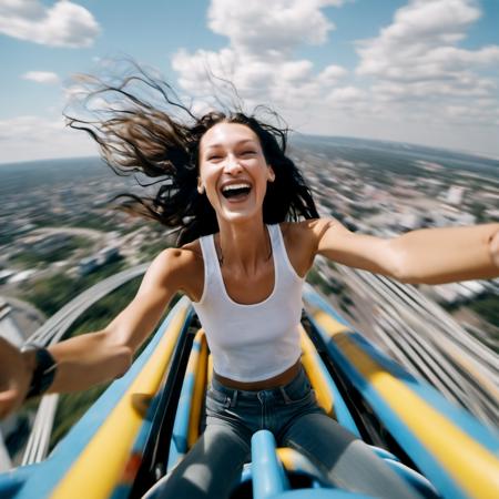 bellahadid <lora:bellahadid_lora_xl:1> A excited woman on a roller-coaster, hair flying through the air and she floats at moment of weightlessness. Wearing a t-shirt and jeans.high quality high speed film, Nikon f4 35mm f2.8, from above. UHD