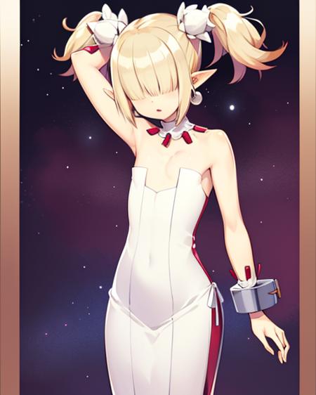 Clergy,flat chest ,pointy ears, short twintails ,hair over eyes ,blonde hair, jewelry. standing, arms up, upper body 
ClDres,bare shoulders ,cuffs ,white strapless dress ,shackles, 
outer space, open church, milky way,
(insanely detailed, beautiful detailed face, masterpiece, best quality)     <lora:Clergy:0.8>