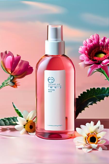 a bottle of liquid sitting next to a bunch of flowers on a table with a sky background and a pink background,productscene<lora:productscene:1>