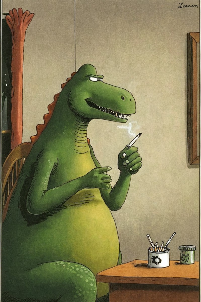 a color far side comic strip illustration of  a solo dinosaur having a cigarette, by Gary Larson,<lora:Gary_Larson_Style_X...