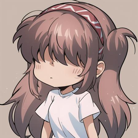 1girl, solo, shirt, hair over eyes, short twintails, long hair, medium breasts, brown hair, hairband, <lora:SayoShinoyama:0.6>, expressionless, <lora:jokanhiyou:0.6>, chibi