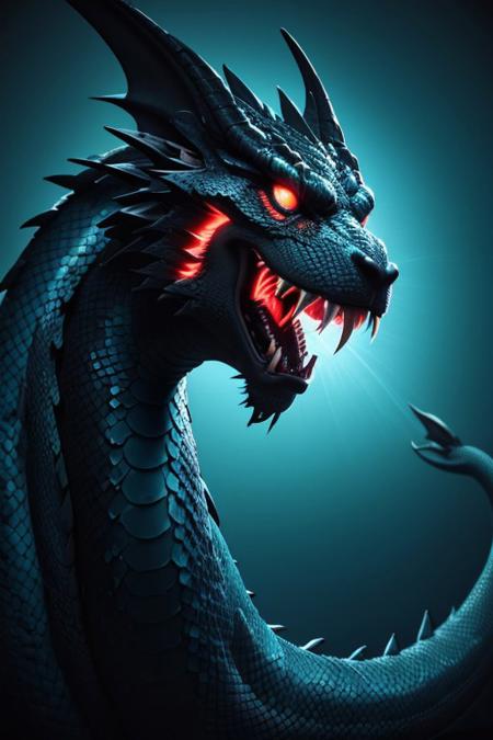 Asian dragon blue snake gradient vibrant neon colour, rough, textural, broad brush strokes, red color prominent detailed, alienzkin, silhouette, spotlight, dark theme, c4d, blender, raytracing, unreal engine 5, render 3d, face close up,