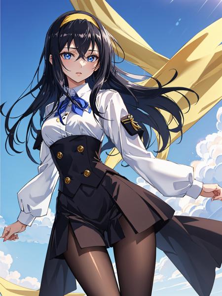 Himemiya Chikane, red school uniform, pantyhose, jewelry, yellow hairband, black hair, blue eyes,   Himemiya Chikane, yellow hairband, japanese clothes, miko, purple hakama skirt, wide sleeves, black hair, blue eyes, 