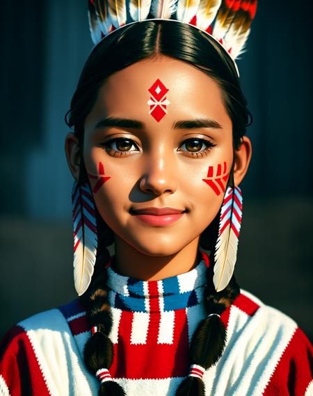 Masterpiece, absurdres,award winning photo, extremely detailed, amazing, fine detail, extremely detailed eyes and face, by lee jeffries nikon d850 film stock photograph 4 kodak portra 400 camera f1.6 lens rich colors hyper realistic lifelike texture dramatic lighting unrealengine trending on artstation cinestill 800 tungsten, beautiful 25 years old woman, smiling, excited,

NativAm, a woman in a native dress , wearing NativAm, feathers on her head , braids, native gown, native print , face paint, 



 <lora:NativAm:0.75>