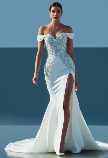 Nautical-themed 1girl, woman,a model walks the runway in a white gown with a high slit,gown,background,<lora:Haute Couture (AM):1>,haute couture, realistic, photorealistic,<lora:LetThereBeLight:0.2>,Beeple,sharp lighting. bright color,, dark lipstick . Sea, ocean, ships, maritime, beach, marine life, highly detailed
