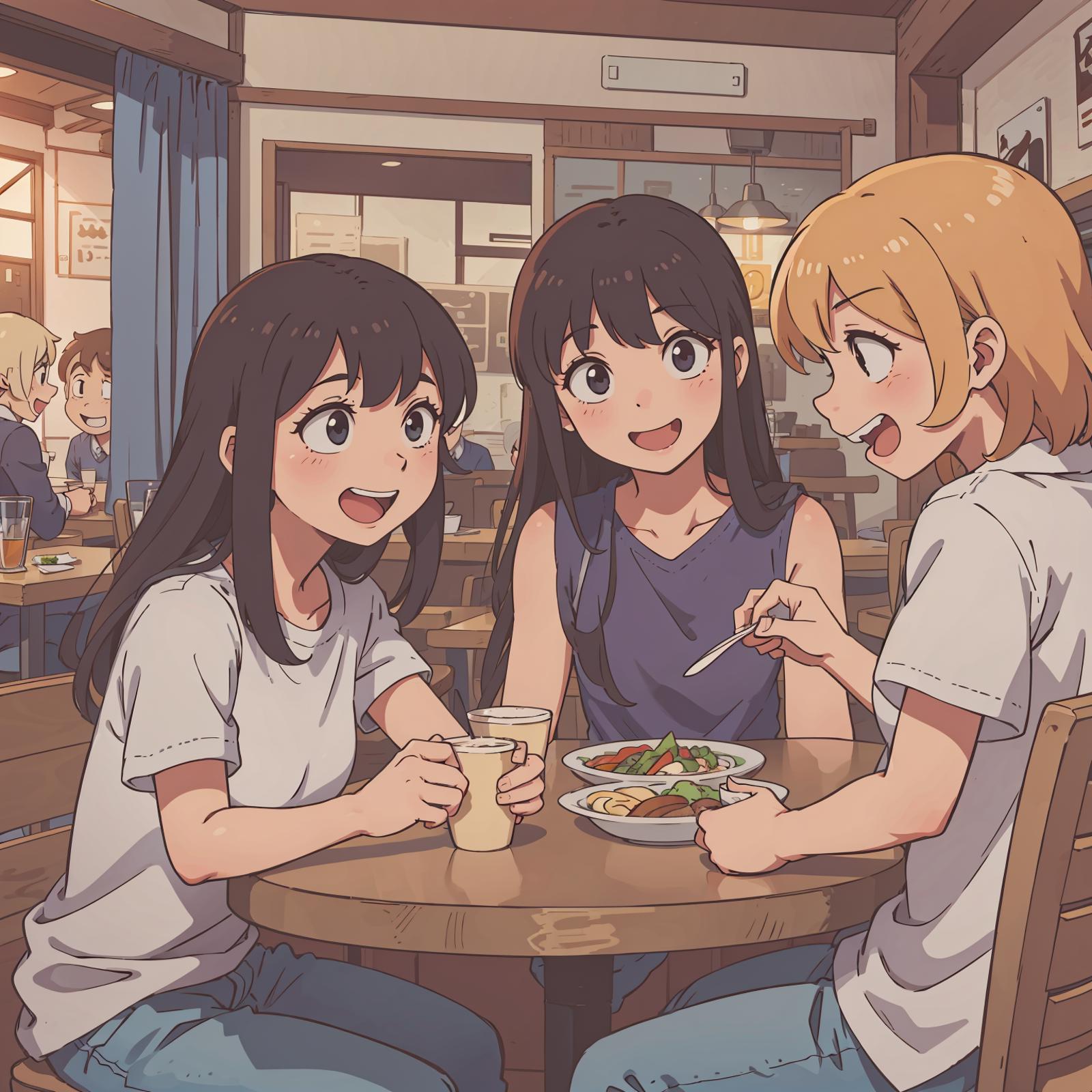 Three girls sitting together at a table in a restaurant, eating and drinking.
