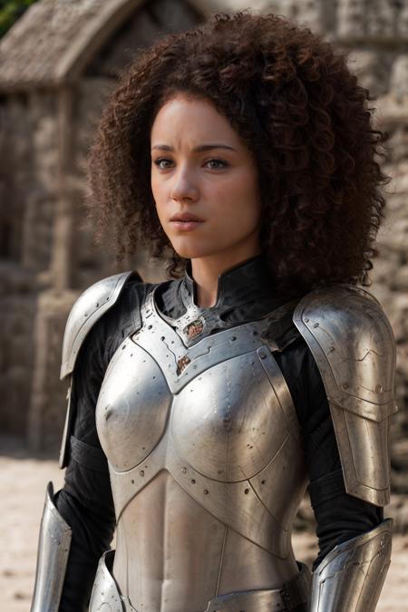 n4th4l133, woman, highly detailed, realistic, white background, curly hair, brown hair, dark skin, black armor, cinematic, outside,
 <lora:n4th4l133:0.7>