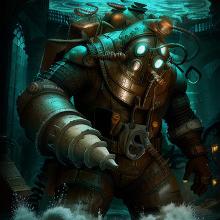 a bigdaddy inside the water close of a deep ruins, under the sea ,deep water background with ruins,full-length photo, 70mm lens, symmetrical, posing, sharp, textured skin, realistic,intricated detailed ,(perfect fingers:1.2),  photographed by a Nikon Z7 II Camera,8k uhd,    <lora:Bigdaddy-000006:1>