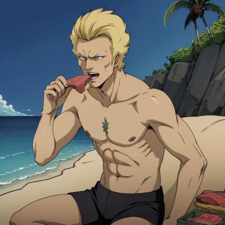 masterpiece,high quality,solo,
<lora:yazangable001:0.7>,
yazangable,1man,
short hair,blonde hair,black eyes,
shirtless,short pants,
beach,
open mouth,eating meat,bone-in meat,