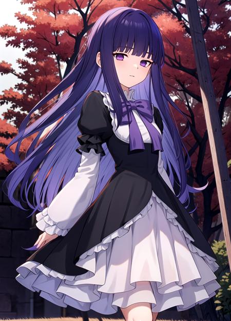 masterpiece, best quality, highres, Frederica Bernkastel, small breasts,  background red trees, long hair, blue hair, blunt bangs, purple eyes, bowtie, frills, black dress, puffy sleeves, short over long sleeves, long sleeves, legs, dress, <lora:Frederica Bernkastel anylora8ep40r50r80r-000006:0.7>,