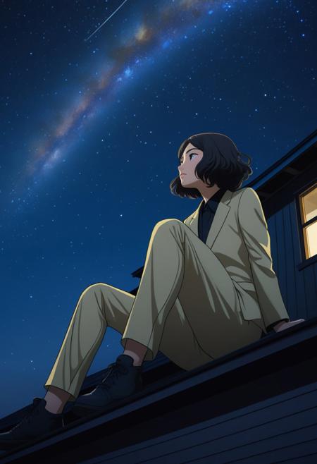 Thinking,abstract art, Tomie Kawakami, (style of Yuko Shimizu:1.3),black and pale gold, gray suit, night theme, dark sky, Full body, from below, look at the sea in the background, sitting on the cladding, Milky Way in dark sky,