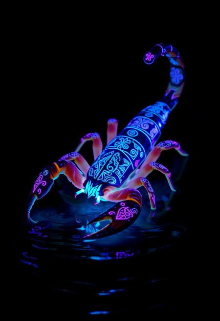 A [scorpion] adorned with bioluminescent ancient runes tattoos, glowing brightly against the black backdrop. The intricate patterns of the tattoos illuminate in vibrant hues of [purple] and [pink], casting an ethereal light around the [scorpion]. The scene is both mystical and captivating, with the bioluminescence highlighting the [insert]'s natural grace and strength. The scene is reflected in the rippling water below.