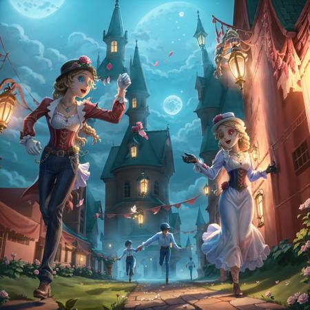 masterpiece, best quality, identity v, button eyes, sad, 
1girl, holding hands, moon, 1boy, flower, night, blonde hair, corset, full moon, sky, dress, black hair, long sleeves, pants, long hair, shirt, cloud, hair ornament, chain, outdoors, looking at another, facepaint, rose, lamppost, night sky, shoes, gloves, jewelry, walking, striped, white shirt, heterochromia, makeup, necklace, heart, holding, white dress, dancing, red flower, closed mouth, lantern, smile, belt, tattoo, open mouth, facial tattoo, breasts, hat, braid, building, hand grab, running
 <lora:identityV_v40:0.5>