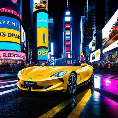 cyberster,
A striking image of a sleek sports car parked in the center of Times Square,New York City. The car's polished surface gleams under the bright lights of the surrounding billboards and electronic advertisements,which illuminate the bustling square with vibrant colors. Crowds of people walk by,and the city's iconic yellow taxis can be seen in the background. The skyscrapers rise high on all sides,their windows reflecting the neon glow. The scene captures the energy and excitement of Times Square at night,with the sports car adding a touch of modern luxury to the urban setting,
<lora:cyberster_SDXL_v1:1>,