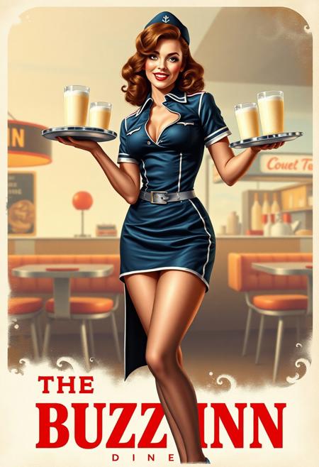 “Create a vintage 1950s-style advertising poster for THE BUZZ INN — a retro airport diner. The artwork should be in the classic pin-up style of Gil Elvgren and Alberto Vargas, with warm airbrush tones and a playful, glamorous mood.  Aged white border around image, “BUZZ INN DINER” printed in red lettering on bottom of image. 
Center the image on a stunning brunette waitress styled like a vintage stewardess. (Shown from the knees up), She has soft, voluminous waves in her hair, red lipstick, and a playful smile. Her outfit is a tight-fitting, aviation-inspired diner uniform in dark blue with white trim — featuring a low neckline showing a hint of cleavage, short sleeves, a cute cap perched jauntily on her head, and a daring high leg slit that reveals her long, toned legs in sheer blue silk stockings and detailed garter belt, 
She confidently balances a (one) chrome tray of tall, frothy milkshakes topped with whipped cream and cherries. Her other hand is on her hip, the other slightly raised for balance. Behind her, the interior of The Buzz Inn diner is visible — with checkerboard floors, neon signage, chrome stools, and airplane parts repurposed as decor. Through the windows, a vintage prop plane taxiing on the tarmac can be seen.