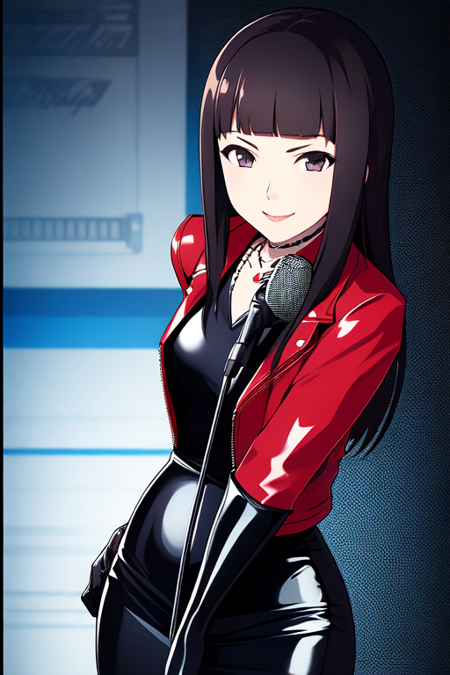 1 woman, microphone, solo, cable, riding crop, smile, scarlet leather jacket, medium breasts, necklace, pencil skirt, medium dark hair, whip, , seiyuu, voice actor, dominatrix, asymmetrical hairdo, blunt bangs, sidelocks, predatory look, adult, finger gloves, red latex, intricately detailed, highres 4k, hdr, diffuse dynamic lighting, cinematic shading, rtx on, realism,chihara minori, medium black hair, 