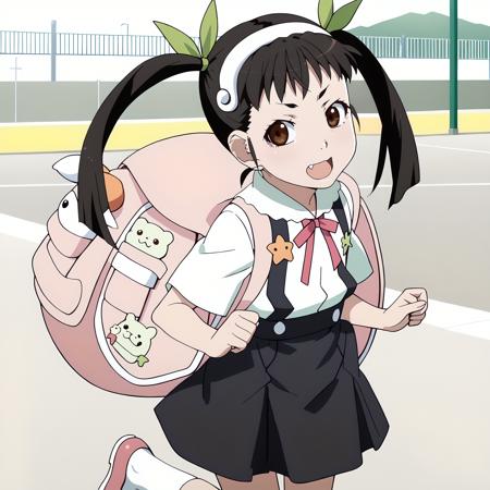 MayoiHachikuji,1girl,black hair,twintails,brown eyes,hair band,green hairbow, white shirt,red neck ribbon,short_sleeves, suspenders,suspender skirt,black skirt, white socks, pink footwear, backpack,pink bag, bandaid on knee, fang,