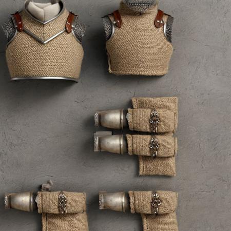hyper-realistic, Realism, HDR, detailed, warior style armor covered in gray wool (beige cotton ), simple gray background